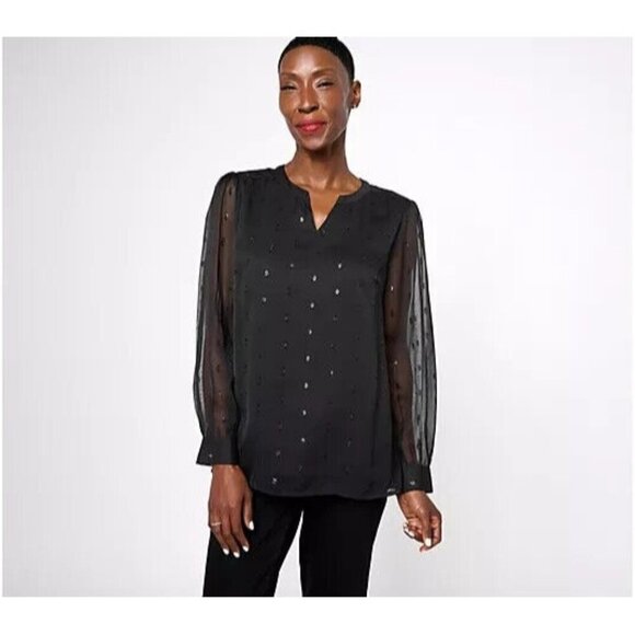 Denim & Co. Split V-Neck Lurex Detail Blouse Black,X-Large A627201 - Picture 1 of 1